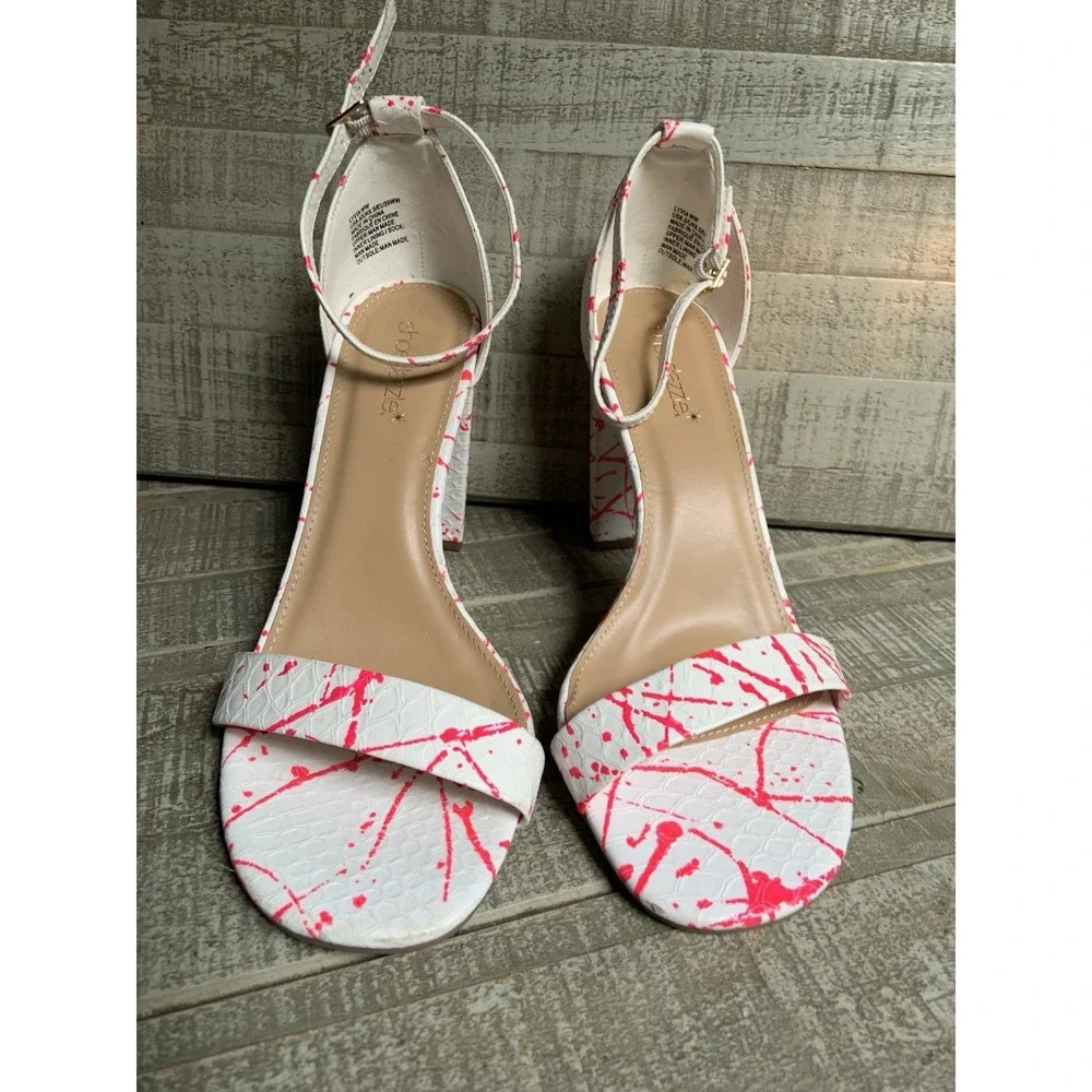 Shoedazzle Pink White Strappy Platform  High Heel Shoes Block Heels Size 8.5